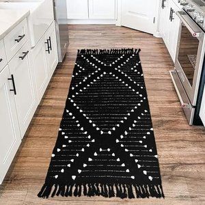Boho Bathroom Runner Rug Black Geometric Washable Woven Cotton SIZE 2.3' X 5.3'